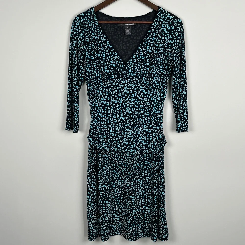 Jones Wear Dress Womens 10 Teal Black Abstract Print V-Neck Ruched Sheath